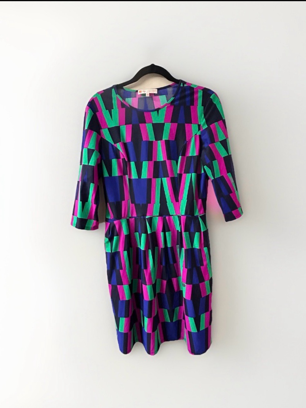 Jude Connally Geometric Artsy Print Knee Length Dress in Blue Green & Pink Sz M